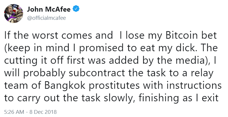 If the worst
                      comes and I lose my Bitcoin bet (keep in mind I
                      promised to eat my STick. The cutting it off first
                      was added by the media), I will probably
                      subcontract the task to a relay team of Bangkok
                      prostitutes with instructions to carry out the
                      task slowly, finishing as I exit