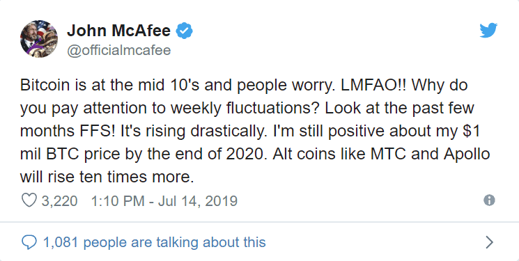 Bitcoin is at the
                    mid 10's and people worry. LMFAO!! Why do you pay
                    attention to weekly fluctuations? Look at the past
                    few months FFS! It's rising drastically. I'm still
                    positive about my $1 mil BTC price by the end of
                    2020. Alt coins like MTC and Apollo will rise ten
                    times more.