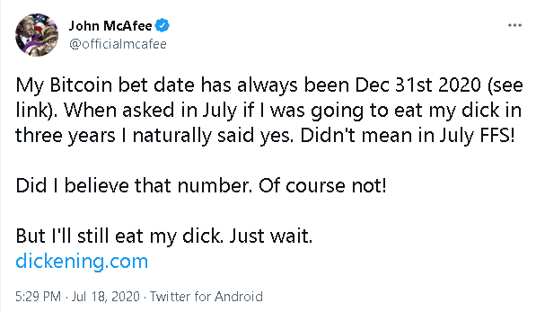 My Bitcoin bet date has always
            been Dec 31st 2020
            (see link). When asked in July if I was going to eat my STick
            in three years I naturally said yes. Didn't mean in July
            FFS! Did I believe that number. Of course not! But
            I'll still eat my STick. Just wait