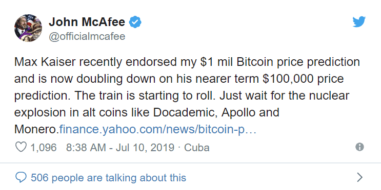 Max Kaiser
                      recently endorsed my $1 mil Bitcoin price
                      prediction and is now doubling down on his nearer
                      term $100,000 price prediction. The train is
                      starting to roll. Just wait for the nuclear
                      explosion in alt coins like Docademic, Apollo and
                      Monero.