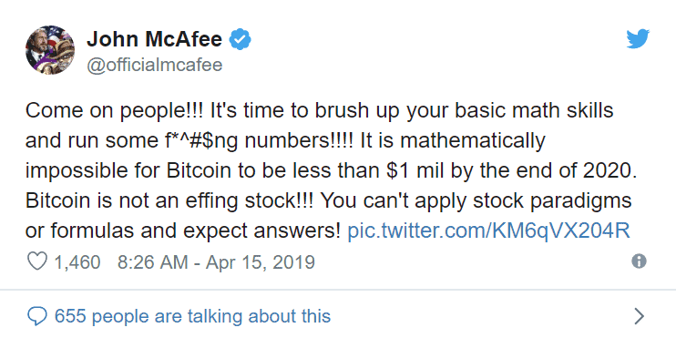 Come on
                      people!!! It's time to brush up your basic
                      math skills and run some f*^#$ng numbers!!!! It is
                      mathematically impossible for Bitcoin to be less
                      than $1 mil by the end of 2020. Bitcoin is not an
                      effing stock!!! You can't apply stock
                      paradigms or formulas and expect answers!